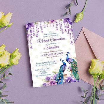 peacock purple flowers mehndi indian wedding invitation
