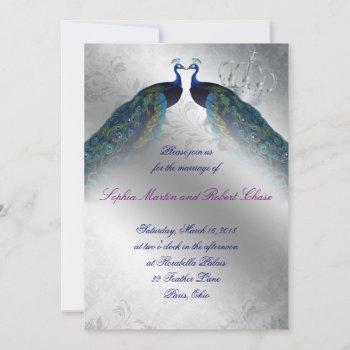 peacock wedding invite blue silver vintage mod