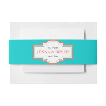 personalized coral and turquoise wedding invitation belly band