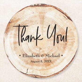 Small Personalized Rustic Wood Disc Thank You Wedding Co Round Paper Coaster Front View