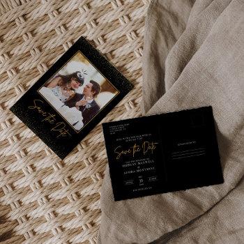 Small Photo Black And Gold Wedding Save The Date Post Front View