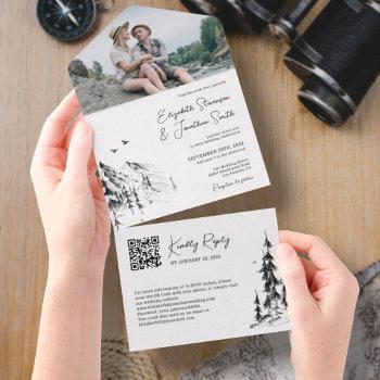 photo mountain forest modern qr code rsvp wedding all in one invitation