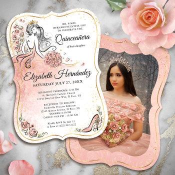 photo pink and gold princess quinceanera birthday invitation
