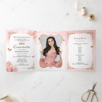 photo spanish light pink and gold quinceanera tri-fold invitation