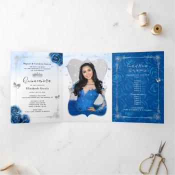 photo spanish silver royal blue quinceanera tri-fold invitation