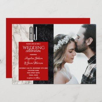 photo wedding marble modern red black and white invitation
