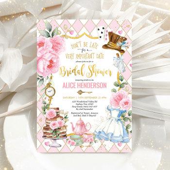 pink alice in wonderland bridal shower tea party invitation