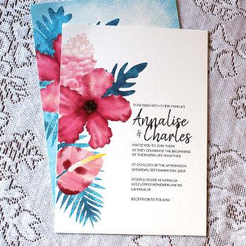 pink aqua tropical hibiscus wedding invitation