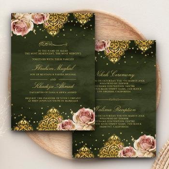 pink boho rose islamic motif green muslim wedding invitation