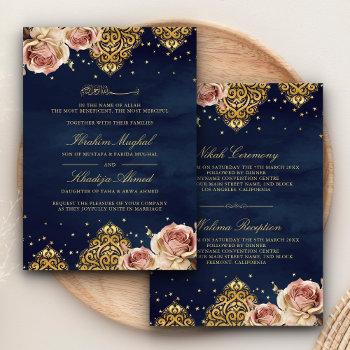 pink boho rose islamic motif navy muslim wedding invitation