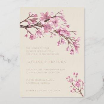 pink cherry blossom floral wedding rose gold foil invitation