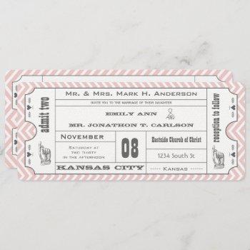 pink chevron zig zag vintage modern ticket wedding invitation