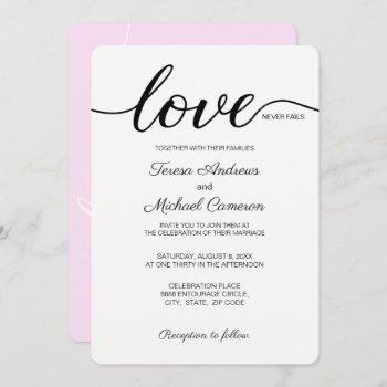 Small Pink Christian Wedding Love Never Fails Front View