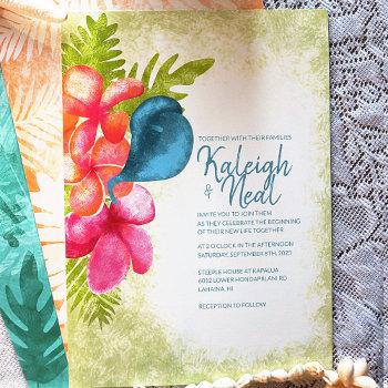 pink, coral, tropical teal wedding invitation