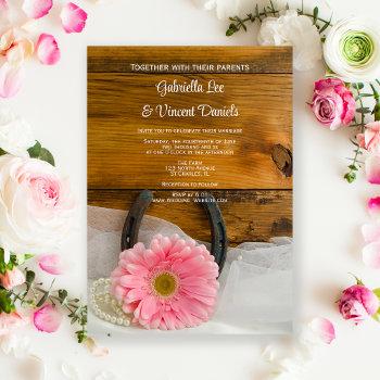 pink daisy and horseshoe country western wedding invitation