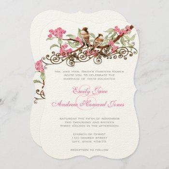 pink fairytale forest love birds wedding  invitation