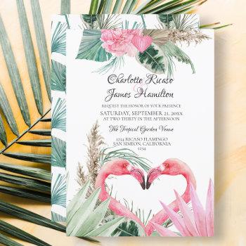 pink flamingo love heart tropical floral wedding invitation