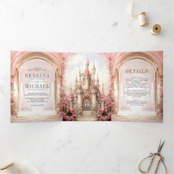 pink floral fairytale castle all in one wedding tri-fold invitation