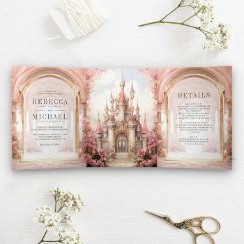 Small Pink Floral Fairytale Castle All In One Wedding Tri-fold Front View
