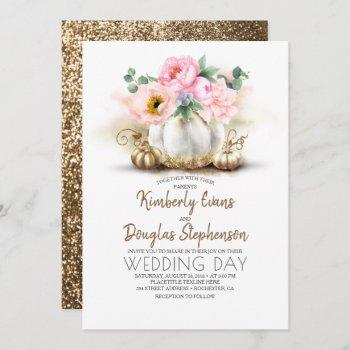pink floral gold and white pumpkin fall wedding invitation