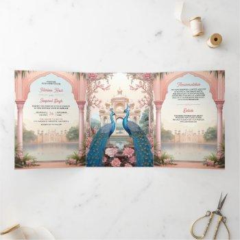 Small Pink Floral Peacocks Royal Indian Palace Wedding Tri-fold Front View