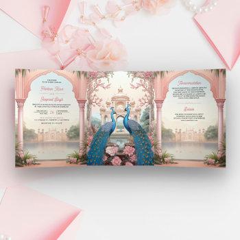 pink floral peacocks royal indian palace wedding tri-fold invitation
