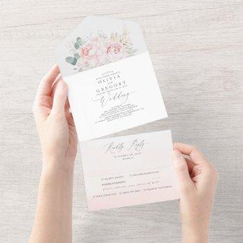 pink flowers and gold greenery elegant wedding all in one invitation