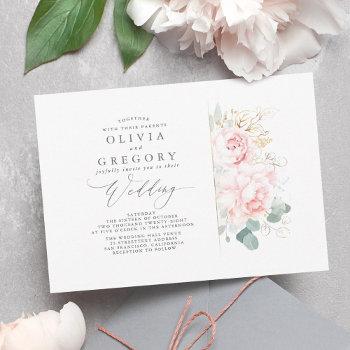 pink flowers and gold greenery elegant wedding invitation