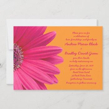pink gerber daisy and orange wedding invitation