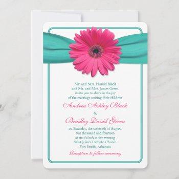 pink gerber daisy turquoise wedding invitation