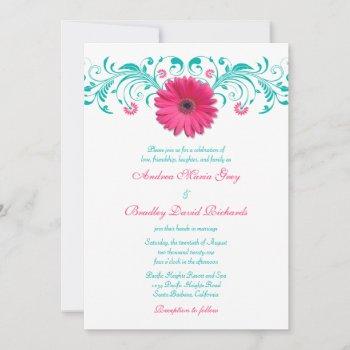 pink gerbera daisy turquoise floral wedding invitation