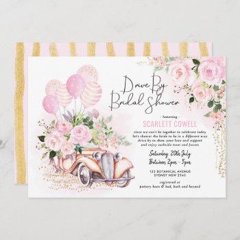 pink gold roses retro car drive by bridal shower invitation