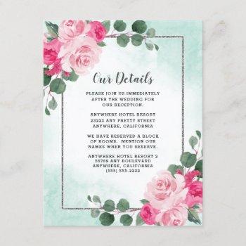 pink green and silver watercolor floral wedding enclosure card