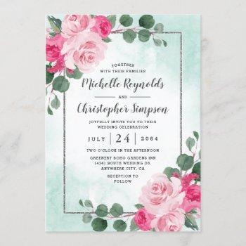 pink green and silver watercolor floral wedding invitation