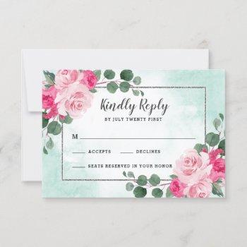 pink green and silver watercolor floral wedding rsvp card