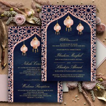 pink lanterns navy blue rose gold muslim wedding invitation