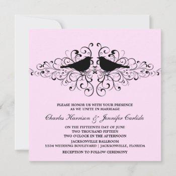 pink love bird swirls wedding invitation