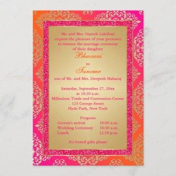 Small Pink, Orange, Gold Faux Glitter Wedding Invite Front View