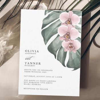 pink orchids on monstera tropical paradise wedding invitation