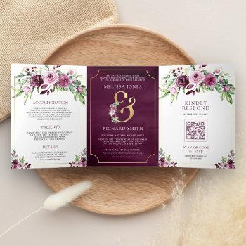 Small Pink Plum Floral Ampersand Qr Code Wedding Tri-fold Front View