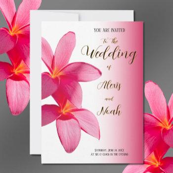 pink plumeria flowers on pink, floral, wedding invitation