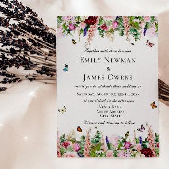 pink purple flowers with butterflies wedding invitation
