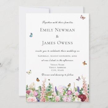 pink purple wildflowers & butterflies wedding invitation