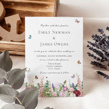 pink purple wildflowers & butterflies wedding invitation