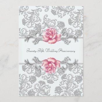 pink rose damask silver 25th wedding anniversary invitation