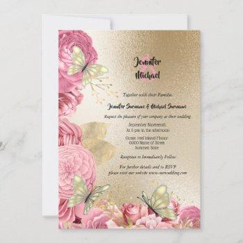 pink rose gold butterfly foliage wedding invitation