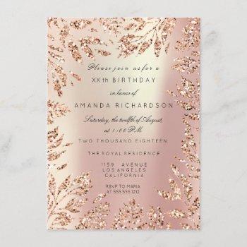 pink rose gold glitter leafs floral frame pearly invitation