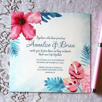 pink tropical teal hibiscus wedding invitation
