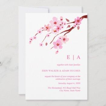 pink watercolor cherry blossom monogram wedding  invitation