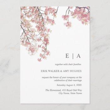 pink watercolor cherry blossom wedding invitation